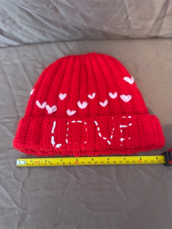 Accessories - Handmade Crochet ribbed Beanie Hat with White Heart Accents